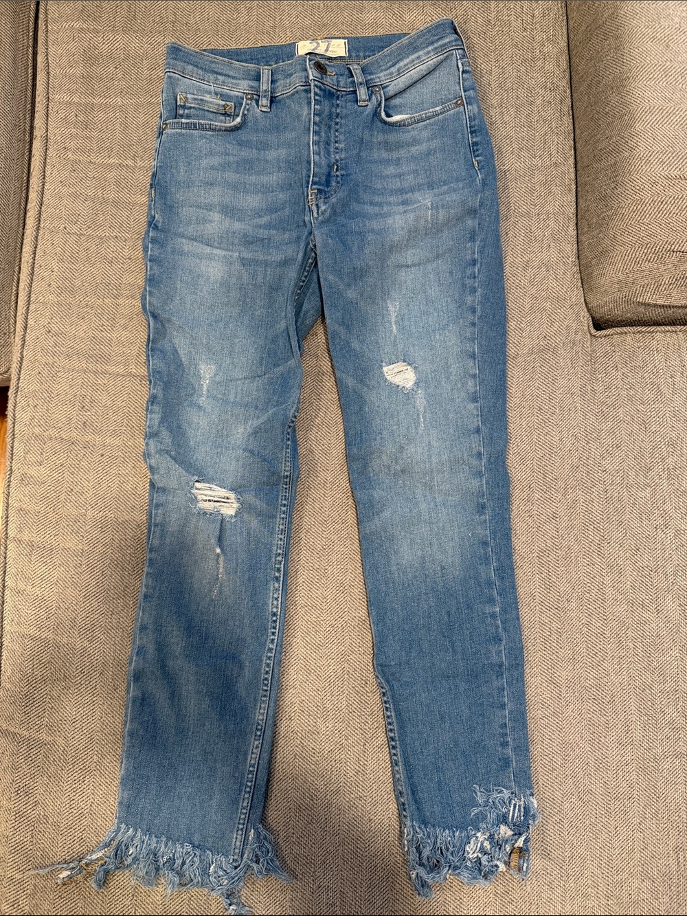 We The Free Light Blue Slim Straight Jeans with Frayed Hem